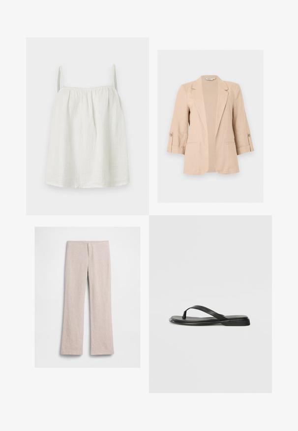 Blazer beige pour femme avec manches trois-quarts, ouverture devant, revers encastrés, pattes de manches boutonnées et deux poches passepoilées à l'avant.; Haut blanc sans manches en tissu froissé avec fines bretelles et encolure froncée, présenté sur un fond clair uni.; Pantalon beige à jambes larges avec taille haute, détail de couture à l'avant, sans boutons ni poches visibles, posé à plat sur fond blanc.; Tongs noires en cuir lisse, avec un design de sangle fine et une semelle plate à profil minimal. Aucun motif ou accent notables.