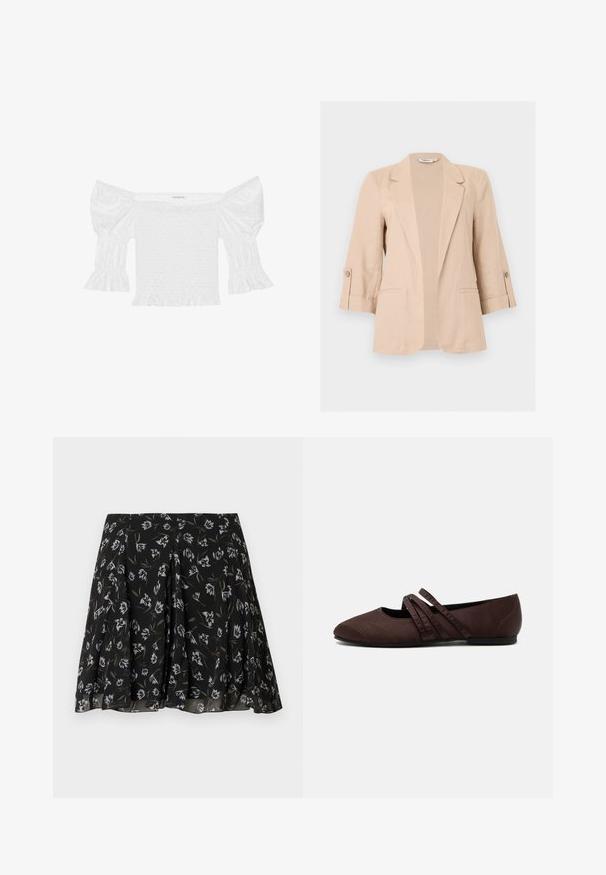 Blazer beige de mujer con mangas tres cuartos, abertura frontal, solapas con muesca, pestañas con botones en las mangas y dos bolsillos de ojal en la parte delantera.; Top blanco sin hombros con mangas abullonadas, corsé fruncido y dobladillo con volantes acampanados. Hecho de algodón texturizado con detalles de ojales.; Falda negra plisada con estampado floral en blanco y oliva, tela fluida con textura sutil, diseño de longitud media.; Zapato plano marrón con punta afilada y dos finas tiras cruzadas sobre el empeine, detalles visibles de costura y un tacón bajo.