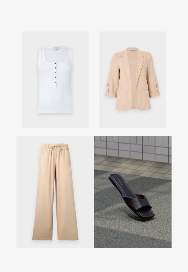 Blazer beige pour femme avec manches trois-quarts, ouverture devant, revers encastrés, pattes de manches boutonnées et deux poches passepoilées à l'avant.; Haut sans manches blanc côtelé avec col rond et cinq boutons marron au centre devant, avec une étiquette Topshop.; Pantalon beige à jambes larges avec taille élastique et cordon de serrage, fabriqué en tissu doux et léger, idéal pour un usage décontracté.; Sandale slide marron foncé à bout carré et large bride, posée sur un goudron gris près d'un trottoir carrelé.