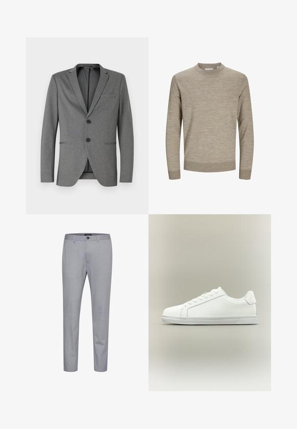 Grauer Blazer mit zwei schwarzen Knöpfen, mit Reverskragen und einer einzelnen Brusttasche. Hergestellt aus strukturiertem Stoff mit schmaler Passform.; Beiger Pullover mit Rundhalsausschnitt und langen Ärmeln, mit gerippten Bündchen und Saum, auf weißem Hintergrund präsentiert.; Grau gemusterte Hose aus Stoff mit glatter Textur. Verfügt über einen Knopfverschluss und ein schmal zulaufendes Design.; Weißer Sneaker mit niedrigem Schaft, Schnürung vorne und strukturierter Gummisohle vor einfachem neutralem Hintergrund.