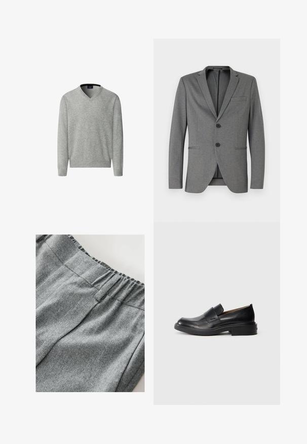 Grå blazer med to sorte knapper, almindelige klapper og en enkelt brystlomme. Fremstillet af tekstureret stof med en skræddersyet pasform.; Hackett London Striktrøje - metal grey; Grå sweatshirt-stof med en blød tekstur, der har en elastisk talje og subtile syninger. Nærbillede af materialet.; Sorte læder slip-on dress sko med lav hæl og subtil Calvin Klein logo på siden, vist i profil på en hvid baggrund.
