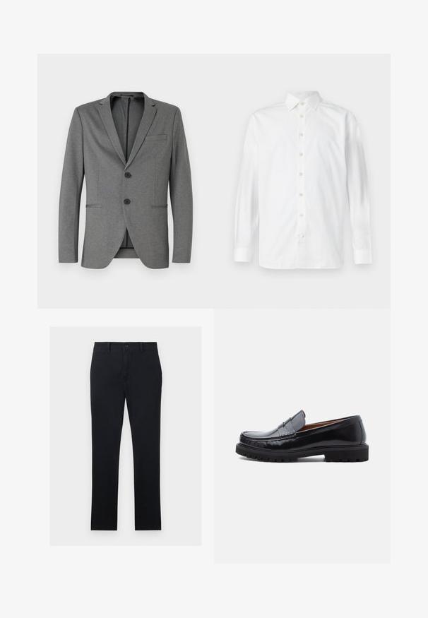 Blazer gris con dos botones negros, solapas de muesca y un solo bolsillo en el pecho. Hecho de una tela texturizada con un ajuste entallado.; Camisa de vestir blanca de manga larga con botones, cuello abierto y puños abotonados, mostrada sobre un fondo blanco liso.; Chinos negros fabricados en tela de algodón, con piernas rectas, cierre de botón frontal y dos bolsillos laterales. Textura suave, con un diseño minimalista.; Mocasines de penny de cuero negro con suela de goma gruesa y costura tipo moc, presentados de perfil sobre un fondo blanco.