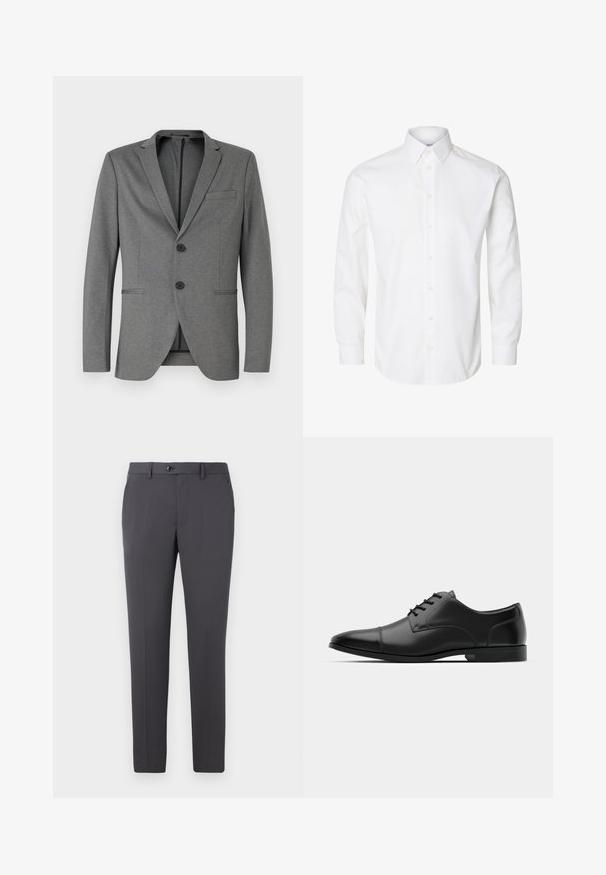 Blazer gris avec deux boutons noirs, revers crantés et une poche poitrine. Fabriqué en tissu texturé avec une coupe ajustée.; Chemise blanche à manches longues avec boutons, col pointu, boutons visibles sur le devant et poignets fermés par des boutons.; Pantalon gris en tissu lisse, avec une coupe droite, fermeture à bouton, passants de ceinture et poches latérales. Design simple et fonctionnel.; Chaussure habillée en cuir noir avec un bout arrondi, texture lisse, six œillets et une semelle noire basse. Présente une couture discrète sur le bout.