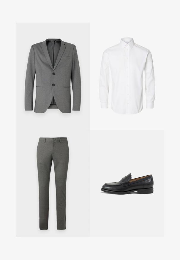 Grijze blazer met twee zwarte knopen, met gesneden revers en een enkele borstzak. Gemaakt van textuurstof met een getailleerde pasvorm.; Wit overhemd met lange mouwen, een puntige kraag, zichtbare knopen vooraan en knoopmanchetten.; Grijze op maat gemaakte broek met een gestructureerde afwerking, slim fit ontwerp, voorzakken en een enkele knoopsluiting in de taille.; Zwarte leren herenloafer met gestikte details, lage gestapelde hak en een smalle band over de bovenzijde, zijaanzicht op een witte achtergrond.