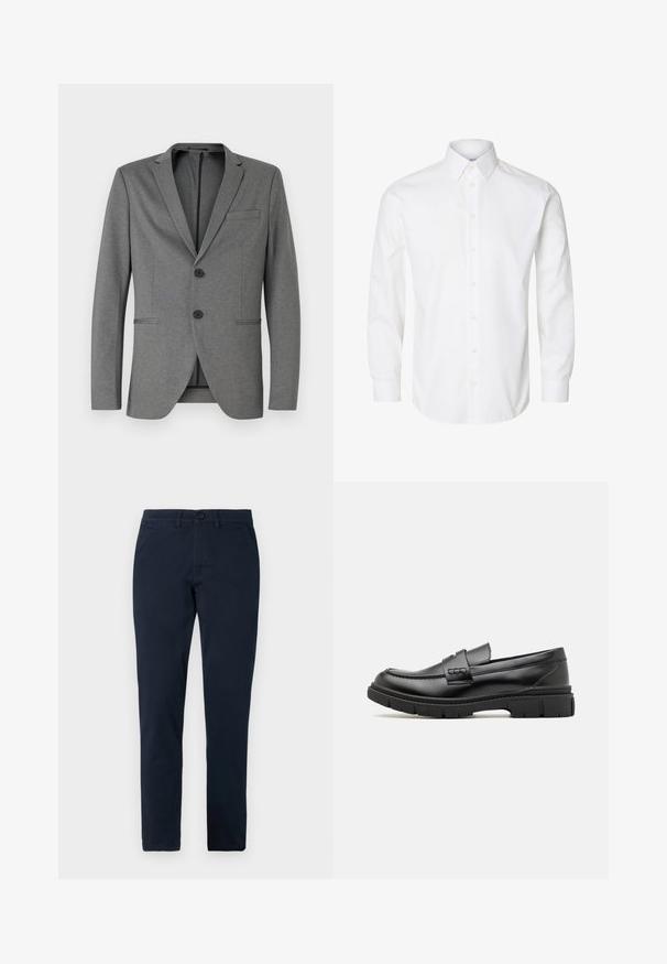 Grauer Blazer mit zwei schwarzen Knöpfen, mit Reverskragen und einer einzelnen Brusttasche. Hergestellt aus strukturiertem Stoff mit schmaler Passform.; Weißes langärmeliges Hemd mit spitzem Kragen, sichtbaren Knöpfen auf der Vorderseite und geknöpften Manschetten.; Herren Slim-Fit schwarze Hose mit vorderem Knopf- und Reißverschluss, Gürtelschlaufen und Seitentaschen.; Schwarze Lederloafer mit einem breiten Riemen über dem Rist, Gummisohle mit dicken Profilen und glatter Textur. Klassisches, schlankes Design.