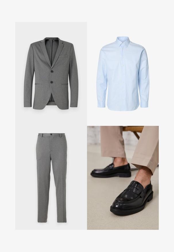 Blazer gris con dos botones negros, solapas de muesca y un solo bolsillo en el pecho. Hecho de una tela texturizada con un ajuste entallado.; Camisa de hombre de manga larga en azul claro con cierre de botones y cuello estándar sobre fondo blanco.; Pantalones gris ajustados que presentan una textura suave, un ligero patrón, cierre de cremallera y botón, con bolsillos frontales y piernas acampanadas.; Mocasines de cuero negro con un acabado suave, que cuentan con una correa decorativa y costuras en contraste, combinados con pantalones beiges.