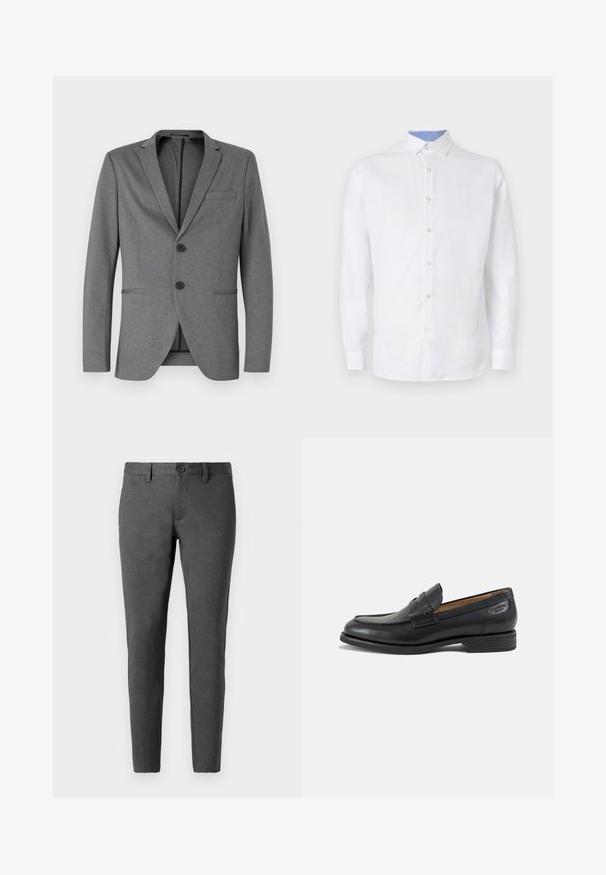 Grijze blazer met twee zwarte knopen, met gesneden revers en een enkele borstzak. Gemaakt van textuurstof met een getailleerde pasvorm.; Witte blouse met lange mouwen en knoopsluiting, voorzien van een lichtblauw geruit patroon aan de binnenkant van de kraag en manchetten. Glad textuur van de stof.; Grijze broek van gladde stof, met een slim fit, knoopsluiting en zijzakken. Eenvoudig ontwerp zonder zichtbare patronen of accenten.; Zwarte leren herenloafer met gestikte details, lage gestapelde hak en een smalle band over de bovenzijde, zijaanzicht op een witte achtergrond.