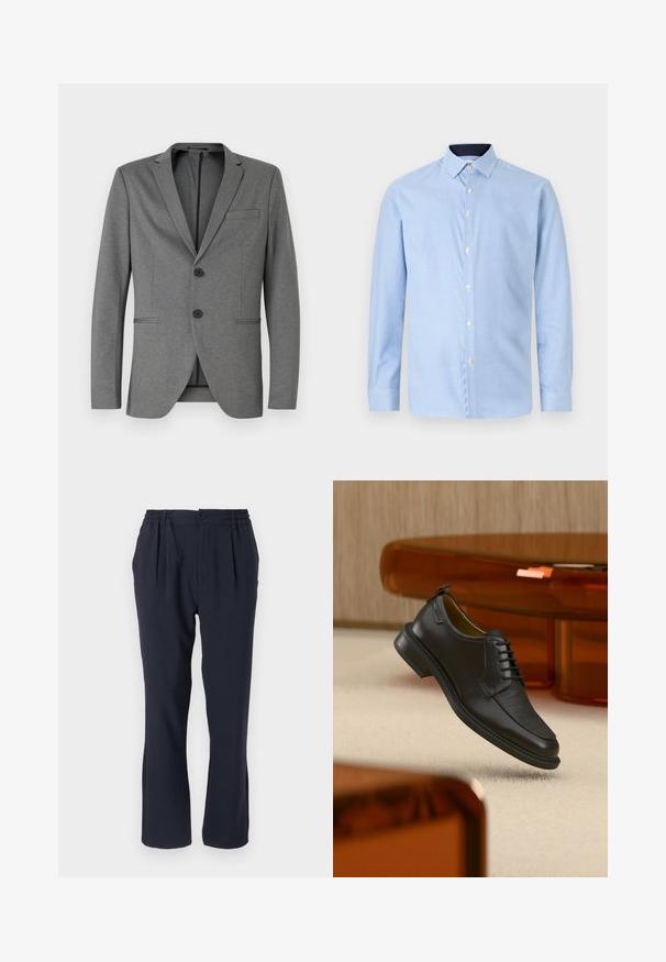 Grauer Blazer mit zwei schwarzen Knöpfen, mit Reverskragen und einer einzelnen Brusttasche. Hergestellt aus strukturiertem Stoff mit schmaler Passform.; Langärmliges Hemd in Hellblau mit kleinem Karomuster, weißen Knöpfen und einem kontrastierenden dunkelblauen Kragen. Weicher Stoff.; Himmelblaues Hosen aus weichem Stoff mit einem elastischen Bund, ausgestattet mit vorderen Falten und einem geraden Bein-Design.; Schwarzer Leder-Schnürschuh mit texturierter Vorderseite, schwebend über beigem Teppich in einem modernen Raum mit bernsteinfarbenen Möbeln.