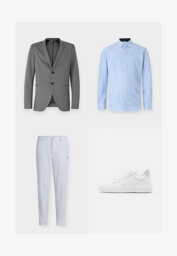 Blazer gris con dos botones negros, solapas de muesca y un solo bolsillo en el pecho. Hecho de una tela texturizada con un ajuste entallado.; Camisa de manga larga abotonada en azul claro con un pequeño patrón de cuadros, botones blancos y un cuello en contraste de color azul oscuro. Textura suave.; Pantalones azul claro de tela texturizada, con pierna recta, cierre de botón y un pequeño diseño bordado en el lateral.; Zapatillas de cuero blanca con un acabado suave, punta redondeada, cordones planos y una suela texturada. Acento de ante gris en el talón.