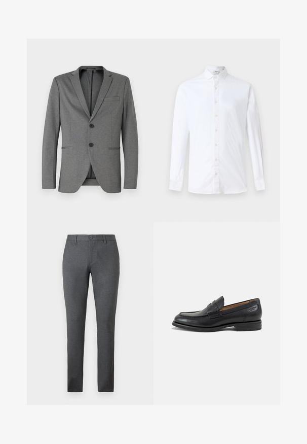 Grå blazer med to sorte knapper, almindelige klapper og en enkelt brystlomme. Fremstillet af tekstureret stof med en skræddersyet pasform.; Hvid langærmet skjorte med knapper i bomuld, med klassisk krave, lige snit og en glat tekstur med matchende knapper.; Grå bukser med et struktureret stof, slim fit, flad front og knaplukning. Designet med to sidelommer og subtile syningsdetaljer.; Sort læder herresko med syninger, lav stakket hæl og en smal rem over overdelen, vist fra siden på en hvid baggrund.