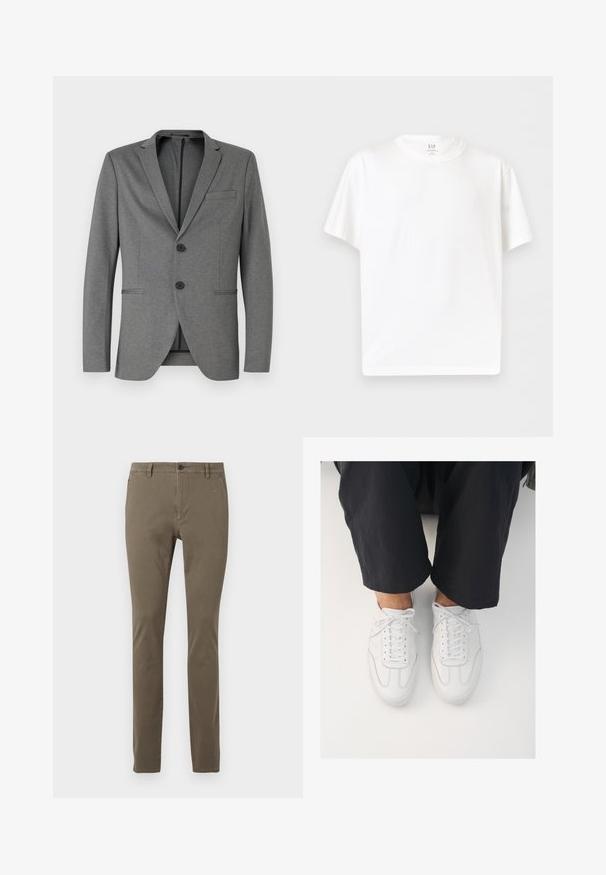 Blazer gris avec deux boutons noirs, revers crantés et une poche poitrine. Fabriqué en tissu texturé avec une coupe ajustée.; T-shirt blanc uni à manches courtes et col rond, en tissu doux, présenté sur un fond gris clair uni.; Pantalons khaki ajustés avec passants de ceinture, bouton avant, fermeture éclair et poches latérales, présentés sur un fond blanc.; Baskets blanches en cuir avec une texture lisse, bout rond et système de laçage classique, positionnées au-dessus de pantalons sombres et amples.