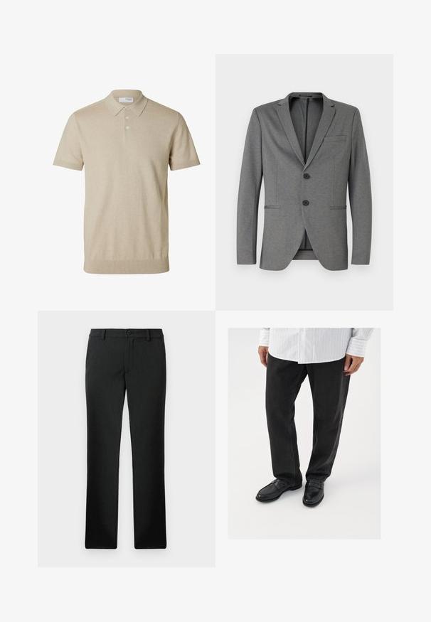Grauer Blazer mit zwei schwarzen Knöpfen, mit Reverskragen und einer einzelnen Brusttasche. Hergestellt aus strukturiertem Stoff mit schmaler Passform.; Beiges kurzärmeliges Poloshirt mit Kragen und drei Knöpfen, gerippte Bündchen an Ärmeln und Saum, einfarbiger Strickstoff.; Schwarze gerade geschnittene maßgeschneiderte Hose mit Gürtelschlaufen, vorderem Knopf und Reißverschluss, flach auf weißem Hintergrund dargestellt.; Schwarze Jeans kombiniert mit glänzenden schwarzen Slippern. Das Hemd ist weiß mit dünnen vertikalen Streifen, hat lange Ärmel und einen geknöpften Kragen.