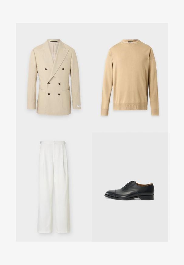 Blazer beige pour homme à double boutonnage avec six boutons foncés, revers à pointe, deux poches plaquées à l'avant et une petite étiquette sur la manche.; Pull beige à manches longues avec col rond, bordures côtelées aux poignets et à l'ourlet, présenté sur un fond gris clair uni.; Pantalon blanc taille haute à jambes larges avec une ceinture et des détails de boucles latérales, au design épuré et ajusté.; Chaussure habillée en cuir noir avec une finition lisse, bout arrondi, cinq œillets pour les lacets et un petit talon carré. Design minimaliste avec des coutures discrètes.