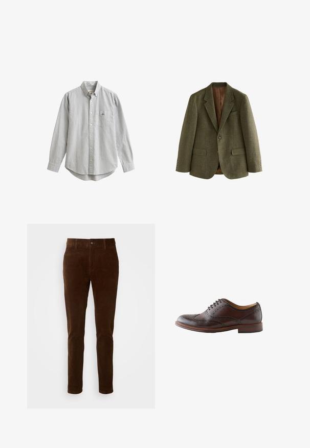 Olivenfarvet tweed blazer med et herringbone-mønster, slagkrave, to frontlommer og knappede ærmer med metalliske detaljer.; Stribet skjorte med knapper og lange ærmer, lavet af bomuld. Har en lomme på venstre bryst og en buet kant. Farver: hvide og mørkeblå striber.; Brune cordfløjlsbukser med lige ben, der har en knaplukning og subtil lodret ribbe-textur.; Mørkebrun læder wingtip brogue sko med perforerede detaljer og snørebånd, vist fra ydersiden på en hvid baggrund.