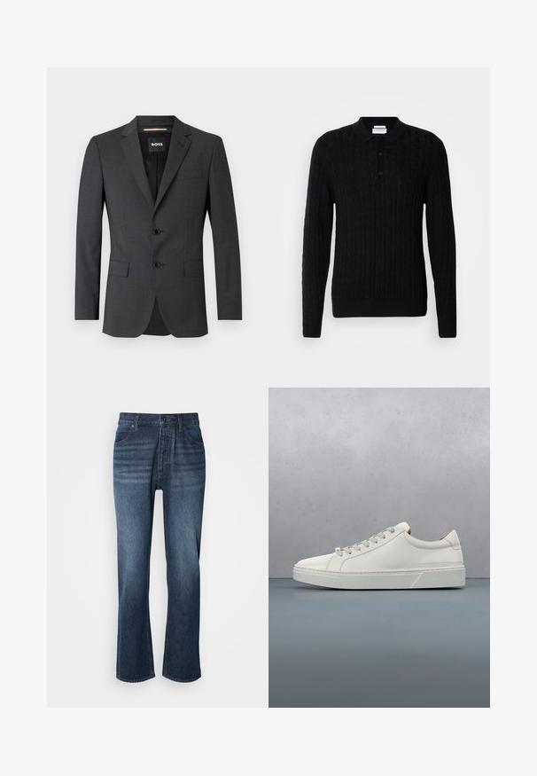 Blazer gris oscuro con dos botones, solapas de muesca y un bolsillo en el pecho, hecho de tela texturizada. El interior forrado cuenta con la etiqueta de la marca.; Suéter negro de punto con un patrón de trenzas, mangas largas y cuello tipo polo. Presenta tres botones en la parte delantera y puños y dobladillo acanalados.; Jeans de denim con un diseño de pierna recta, lavado medio, estilo de cinco bolsillos y cierre de botón. La tela tiene una textura suave con un leve desteñido.; Zapatilla blanca de cuero con punta redondeada, diseño minimalista, cordones grises y suela de goma texturizada gris. Detalles de costura sutiles visibles.