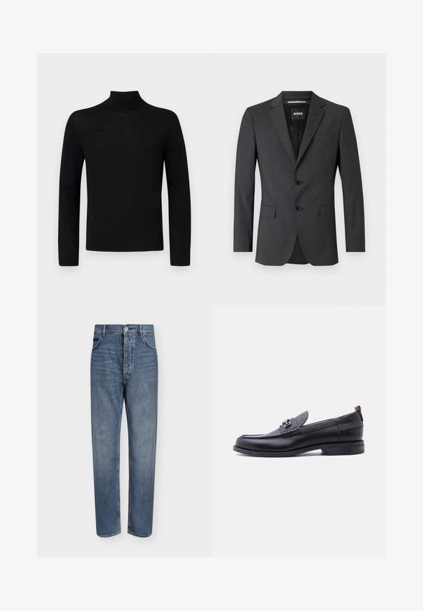 Donkergrijze blazer met twee knopen, notch revers en een enkele borstzak, gemaakt van gestructureerde stof. De gevoerde binnenkant heeft een merketiket.; Zwarte coltrui gemaakt van zachte stof, met lange mouwen en een aansluitende silhouet met een klein rond accentdetail bij de hals.; Blauwe denim jeans met rechte pijpen, hoge taille, knoopsluiting aan de voorkant en vijfzakkenontwerp op een effen lichte achtergrond.; Zwarte leren loafer met grijze, gestructureerde vamp, zilveren metalen gesp, lage hak en trekkoord aan de achterkant.
