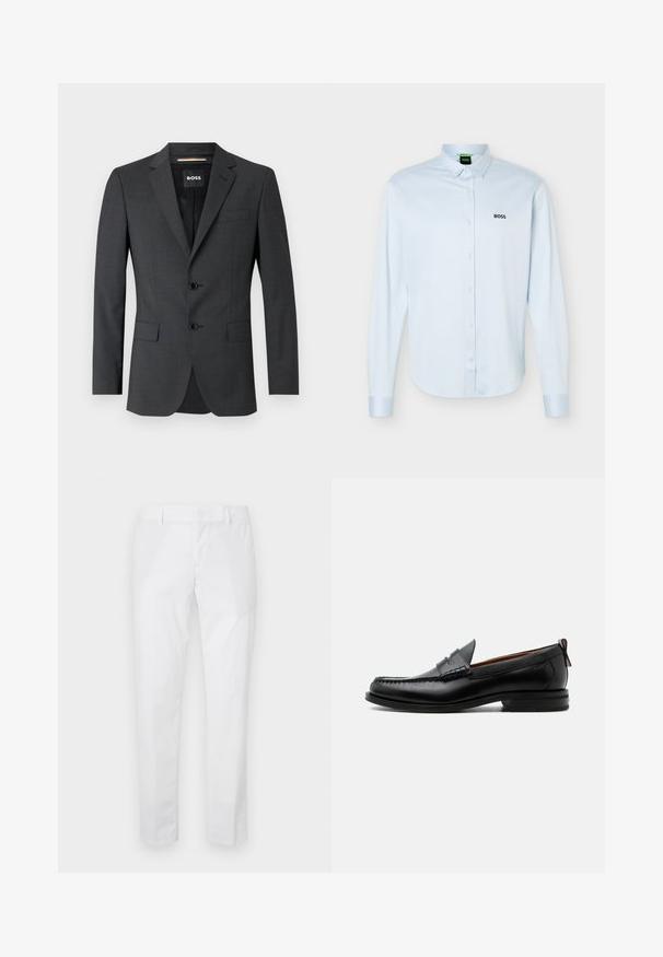 Dunkelgrauer Blazer mit zwei Knöpfen, Reverskragen und einer Brusttasche, aus texturiertem Stoff. Das gefütterte Innere trägt das Markenlabel.; Hellblaues langärmliges Hemd mit Knopfleiste und Kragen, schwarzem "BOSS"-Logo auf der linken Brust und geknöpften Manschetten.; Weiße Slim-Fit-Hose mit Gürtelschlaufen und Seitentaschen, flach auf hellem Hintergrund ausgelegt.; Schwarzer Leder-Herrenschuh mit Mokassinnaht, Penny-Riemen, strukturiertem Kragen und niedrigem gestapeltem Absatz auf weißem Hintergrund.