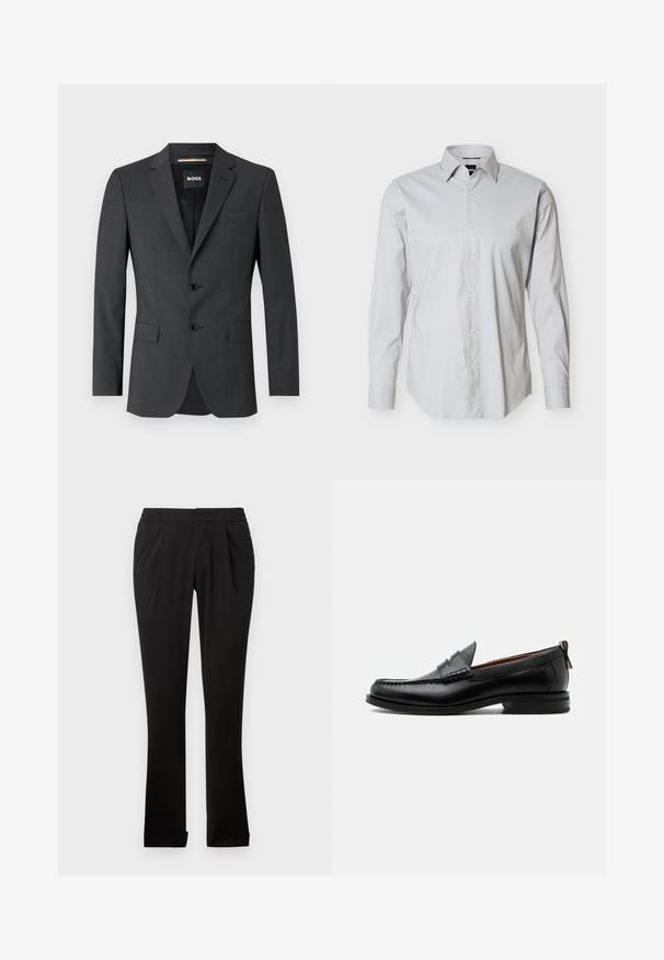 Mørkegrå blazer med to knapper, noterede revers og en enkelt brystlomme, lavet af tekstureret stof. Fôr er mærket med brand logo.; Lysegrå herreskjorte med lange ærmer, knapper foran, spids krave og manschetter med enkeltknap på ensartet hvid baggrund.; Sorte bukser lavet af glat stof med elastisk talje, lige ben, frontfolder og opretstående sømme. Enkel og alsidig design.; Sort læder herre loafer med moc-tå syning, penny strop, struktureret krave og lav stablet hæl på hvid baggrund.