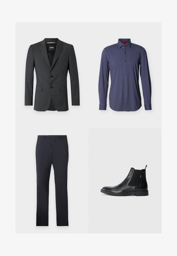 Mørkegrå blazer med to knapper, noterede revers og en enkelt brystlomme, lavet af tekstureret stof. Fôr er mærket med brand logo.; Navyblå langærmet skjorte med knapper, små hvide diamantmønstre, blødt stof, knappede manchetter og klassisk krave.; Marine formelle bukser lavet af glat stof. Har en flad front, bæltesløjfer og sidelommer, med en skræddersyet lige pasform.; Sorte læder Chelsea støvler med elastiske sidepaneler, en pull-tab og en flad gummisål. Glat tekstur med minimal detaljer.
