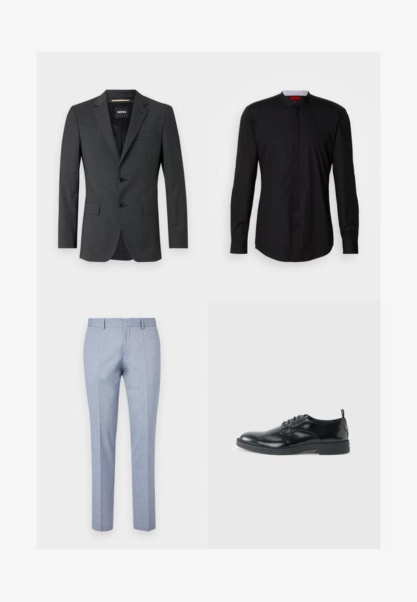 Mørkegrå blazer med to knapper, noterede revers og en enkelt brystlomme, lavet af tekstureret stof. Fôr er mærket med brand logo.; Sort langærmet skjorte med mandarin-krave, lavet af et glat stof, med knaplukning foran og diskrete designdetaljer.; Lyseblå skræddersyede bukser med en glat stofoverflade, der har en flad front, to forlommer og et slim fit design.; Blank sort læder dresssko med lav hæl, snørelukning og rund tå, vist fra siden på ensfarvet lys baggrund.
