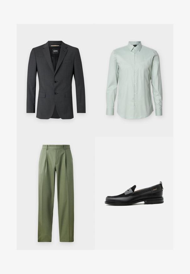 Dunkelgrauer Blazer mit zwei Knöpfen, Reverskragen und einer Brusttasche, aus texturiertem Stoff. Das gefütterte Innere trägt das Markenlabel.; Hellgrünes Herrenhemd mit langen Ärmeln, spitzem Kragen und weißen Knöpfen, vor einem schlichten weißen Hintergrund präsentiert.; Maßgeschneiderte Hose aus olivgrünem Stoff mit glatter Textur, ausgestattet mit zwei vorderen Falten, Gürtelschlaufen und geradem Bein.; Schwarzer Lederloafer mit grauem Riemendetail, niedrigem Absatz und strukturierter Sohle, seitlich mit „HUGO“ in Gold gebrandmarkt.