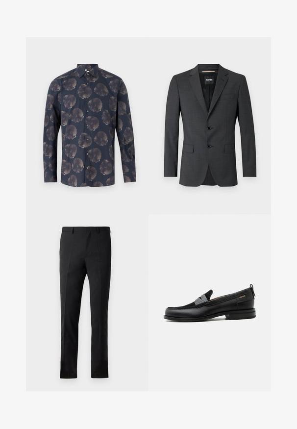 Mørkegrå blazer med to knapper, noterede revers og en enkelt brystlomme, lavet af tekstureret stof. Fôr er mærket med brand logo.; Langærmet skjorte i mørk marineblå med et blomstermønster, der har store, afdæmpede blomster. Knaplukning foran med klassisk krave og stofstruktur.; Sorte bukser med en skræddersyet pasform, der har en flad front, to pressefolder, bæltestropper og en glat overflade. Ingen synlige mønstre eller beslag.; Sort læderloafer med grå remdetalje, lav hæl og tekstureret sål, mærket med "HUGO" i guld på siden.