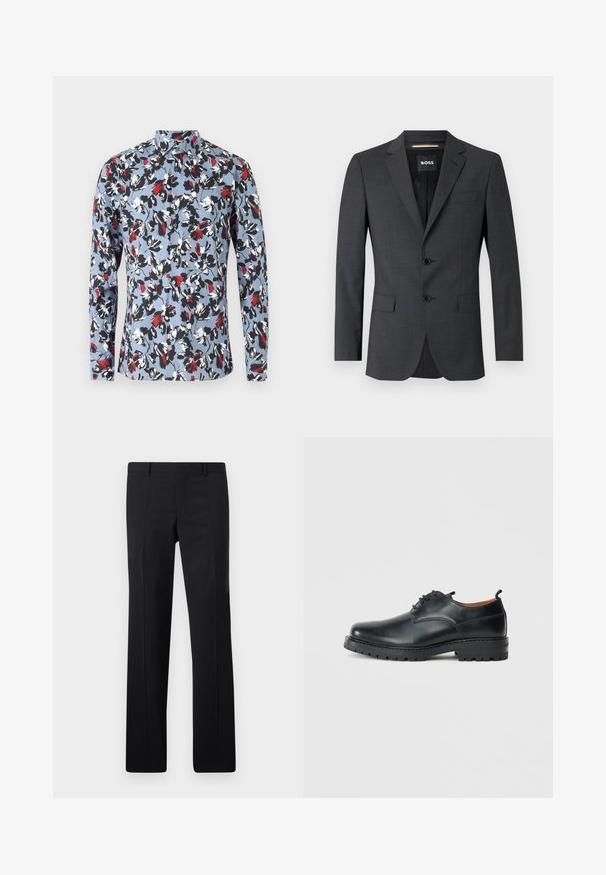 Dunkelgrauer Blazer mit zwei Knöpfen, Reverskragen und einer Brusttasche, aus texturiertem Stoff. Das gefütterte Innere trägt das Markenlabel.; Langärmliges Hemd mit Knopfleiste in Hellblau, mit einem floralen Muster in Rot, Schwarz und Weiß. Verfügt über einen Kragen und eine Vorderknopfleiste.; Schwarze maßgeschneiderte Hose mit geradem Schnitt, scharfen Falten und glatter Oberfläche. Hergestellt aus leichtem Stoff mit einem sauberen Bund.; Schwarze Leder Derby-Schuhe mit glatter Textur, runder Zehenform, Schnürdesign und einer dicken, robusten Gummisohle.