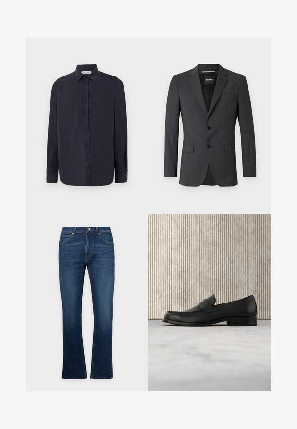 Tumehall tätikas bleiser kahe nupuga, nurgeliste kraede ja ühe rinnataskuga, valmistatud tekstureeritud kangast. Vooder on varustatud brändi sildiga.; Samsøe Samsøe RYAN SHIRT - Pluus - salute; Sirge lõikega tumesinised teksapüksid esikäe- ja tagataskutega, nööpidega sulgemine ja nähtavate õmblustega heledal ühevärvilisel taustal.; Mustast nahast mokassiinikujuline king hõljub beežika vaiba kohal, taga on läikiv pruun ümar laud.