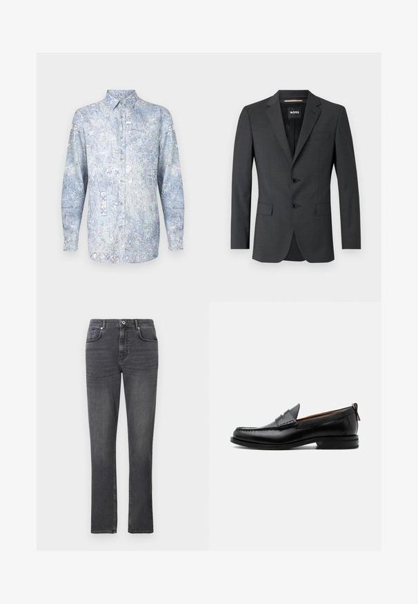 Blazer gris foncé à deux boutons, avec des revers crantés et une poche poitrine unique, fabriqué en tissu texturé. L'intérieur doublé présente une étiquette de marque.; Chemise boutonnée bleu clair avec motifs floraux, manches longues et col classique. Fabriquée en tissu doux avec une texture lisse.; Jean en denim gris avec une coupe droite, style cinq poches et des détails de surpiqûre subtils. Le tissu a une texture lisse.; Mocassin homme en cuir noir avec couture moc toe, bride penny, col texturé et petit talon empilé sur fond blanc.