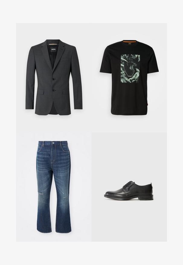Blazer gris oscuro con dos botones, solapas de muesca y un bolsillo en el pecho, hecho de tela texturizada. El interior forrado cuenta con la etiqueta de la marca.; Camiseta de algodón negra con un gráfico central de un pantera rodeada de hojas, con un cuello de cadena y el texto "BOSS". Mangas cortas.; Jeans de mezclilla azul de corte acampanado con ligero desgaste en ambas rodillas y cierre de botón en la cintura, mostrados sobre un fondo blanco.; Zapato de vestir para hombre de cuero negro con cordones, tacón bajo y acabado suave, mostrado en perfil lateral sobre un fondo claro y liso.