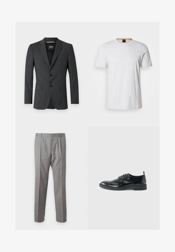 Mørkegrå blazer med to knapper, noterede revers og en enkelt brystlomme, lavet af tekstureret stof. Fôr er mærket med brand logo.; Hvid kortærmet t-shirt lavet af blødt bomuld, med rund halsudskæring og subtil logo-detalje i matchende hvid på fronten.; Grå, stribede bukser med skræddersyet pasform, der har foranfald, bæltestropper og en glat struktur. Lige ben design, rene manchetter.; Blank sort læder dresssko med lav hæl, snørelukning og rund tå, vist fra siden på ensfarvet lys baggrund.