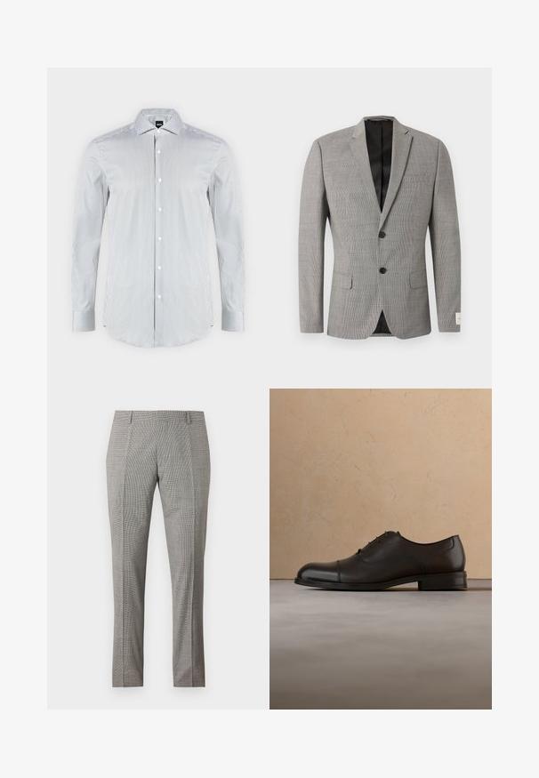 Blazer gris pour homme avec un motif à carreaux subtil, deux poches à rabat à l'avant, deux boutons noirs, col cranté et doublure intérieure noire.; Chemise blanche avec fines rayures verticales noires, manches longues, fermeture boutonnée devant et col pointu.; Pantalon habillé gris sur mesure avec passants de ceinture et motif à carreaux subtil, présenté à plat sur un fond blanc.; Chaussure Oxford en cuir noir flottant au-dessus d'un tapis tissé clair avec une table basse ronde en bois et des livres empilés en arrière-plan.
