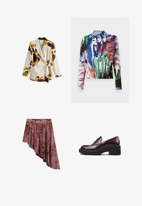 Kremfarvet blazer med stort gult, brunt og sort blomsterprint, lange ærmer, brede revers og en snøredetalje i siden ved taljen.; Henrik Vibskov SLOPE - Skjortebluser - multi coloured; Asymmetrisk lilla nederdel med rødt blomsterprint, indsamlet talje og ujævn kant længere på højre side.; Burgundy læder loafers med rund tå, prydet med en dekorativ rem, chunky sort platformsål og subtilt logo på hælen.
