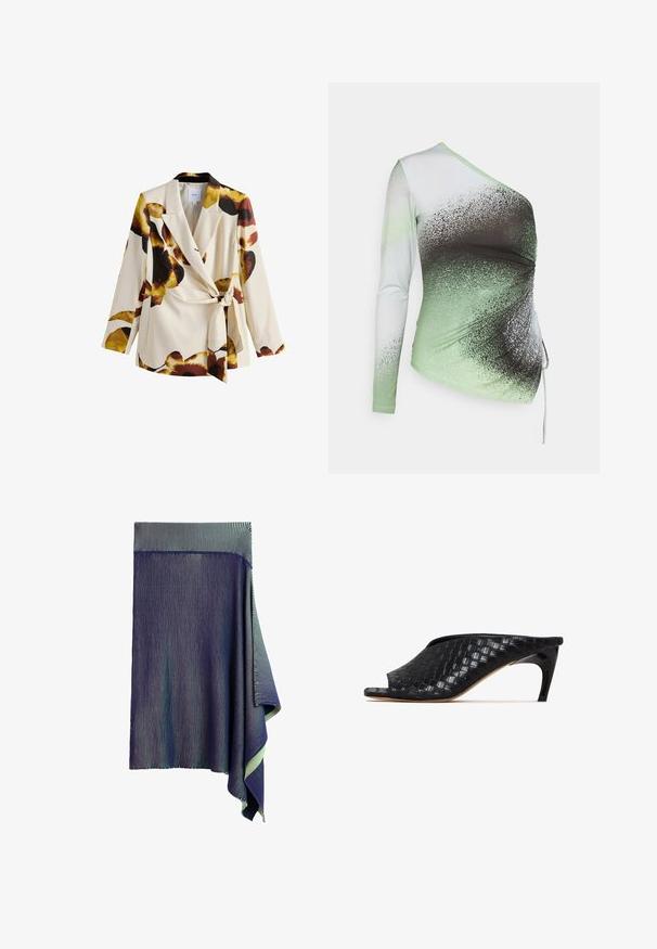 Kremfarvet blazer med stort gult, brunt og sort blomsterprint, lange ærmer, brede revers og en snøredetalje i siden ved taljen.; Elleme ONE SHOULDER - Langærmet T-shirt - light green/white; Mørkeblå strikket nederdel med meget fine hvide lodrette striber og en asymmetrisk draperet kant på den ene side.; Sorte vævede mule-sandaler med åben tå og en slank, buet hæl. Materialet har en blank finish og viser et tekstureret, ternet mønster.