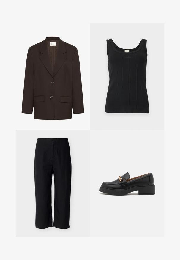 Dunkelbrauner Blazer mit Reverskragen, zwei vorderen Klappentaschen, zwei Knöpfen und einer Brustleistentasche von Gestuz.; Schwarzes, geripptes, ärmelloses Tanktop mit Rundhalsausschnitt und "Calvin Klein"-Logo auf der Brust, dargestellt vor einem schlichten weißen Hintergrund.; Schwarze, gerade geschnittene Hose mit mittelhohem Bund und vorderem Reißverschluss, vor einfachem, hellem Hintergrund dargestellt.; Schwarzer Leder-Slipper mit einer klobigen Plateausohle, verziert mit einer goldfarbenen Kettenakzent und sichtbaren Nahtdetails. Glatte Textur und elegantes Design.