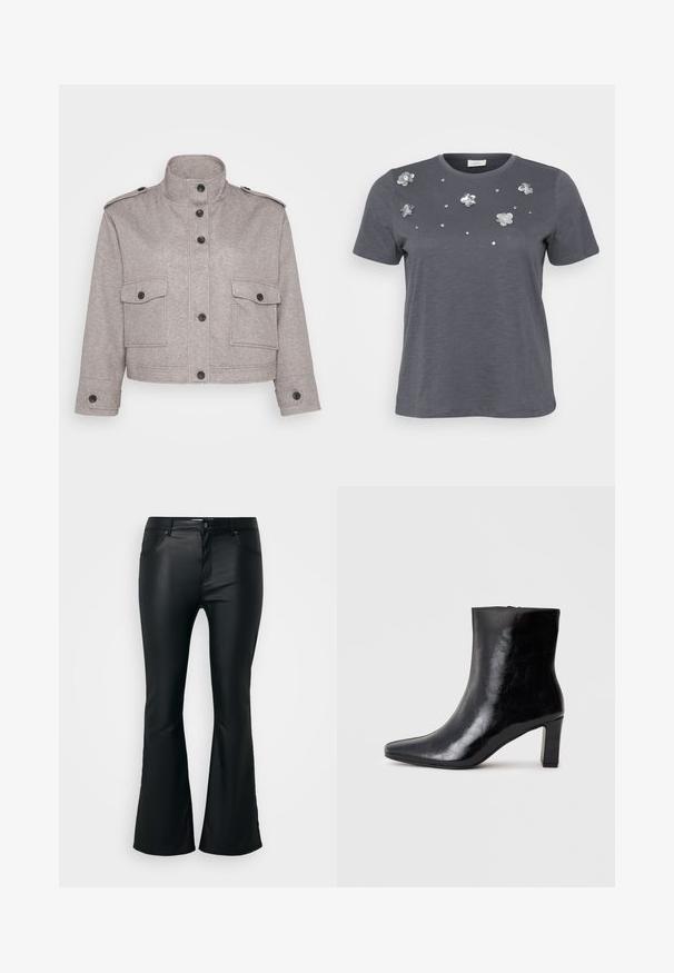 Chaqueta corta gris hecha de tela texturizada. Presenta un cuello alto, botones negros y dos bolsillos frontales con solapas y cierres de botón.; Camiseta de algodón gris con mangas cortas, con aplicaciones metálicas de flores y lentejuelas dispuestas en el frente. Textura suave, corte holgado.; Pantalones negros de campana fabricados con un material suave y brillante. Presentan cinco bolsillos, trabillas y una cremallera con cierre de botón.; Botín negro de tobillo hecho de cuero brillante, con punta afilada y un tacón de bloque medio, con una textura suave y un diseño sencillo.