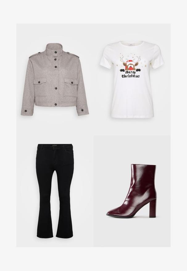 Chaqueta corta gris hecha de tela texturizada. Presenta un cuello alto, botones negros y dos bolsillos frontales con solapas y cierres de botón.; Camiseta blanca de manga corta con un gráfico de un reno con nariz roja, cuernos y un gorro de Santa, junto con "Feliz Navidad" en negro.; Pantalones vaqueros de corte acampanado en negro, fabricados en denim, con cierre de botón, cinco bolsillos y una textura suave. Diseño clásico con dobladillo acampanado.; Botín de cuero burdeos oscuro brillante hasta la mitad de la pantorrilla, con punta afilada y tacón cuadrado alto, sobre un fondo neutro.