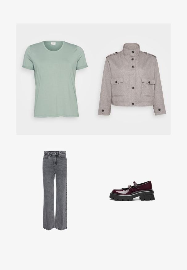 Grå cropped jakke lavet af tekstureret stof. Har en høj krave, sorte knapper og to forlommer med klapper og knaplukninger.; Lys grøn kortærmet T-shirt lavet af blødt stof med rund halsudskæring og op-rullede ærmer. Glat tekstur, let afslappet pasform.; Grå denimjeans i høj talje og med lige ben, med frontknap, lynlåslukning og klassisk design med fem lommer.; Bordeaux patentlæder Mary Jane-sko med dobbelte spænde remme og tykke sorte gummisåler med dybe riller.