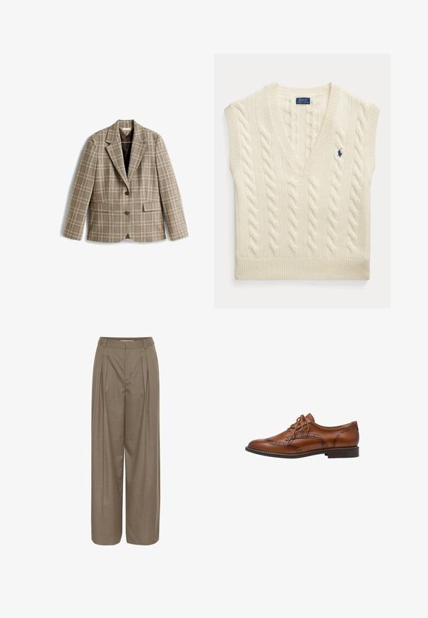Rutete blazer i beige med brunt, rosa og grønt rutenettmønster. Har en krage med hakk, knappelukning og frontlommer.; Ærmeløs sweatervest i cremet kabelstrik med V-hals og lille mørkeblå Polo Ralph Lauren-logo på brystet.; Plisserede bukser med bred ben i en lys brun stof, med en struktureret talje og en glat tekstur, designet til komfort og alsidighed.; Brun læder brogue oxford sko med vingetip detaljer, perforeringer, snørebånd og lav stablet hæl på hvid baggrund.