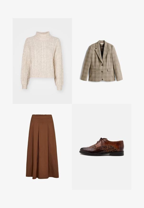 Geruit beige colbert met een bruin, roze en groen ruitpatroon. Heeft een reverskraag, knoopsluiting en voorzakken.; Crème-kleurige cropped trui met een hoge nek, met een getextureerd kabelbreipatroon en lange, iets pofmouwen.; Bruine A-lijn midirok met plooien aan de voorkant en elastische tailleband, gemaakt van gladde stof.; Bruine leren nette schoen met krokodillenstructuur en panelen van stof met luipaardprint, vetersluiting en kwastdetail aan de zijkant.