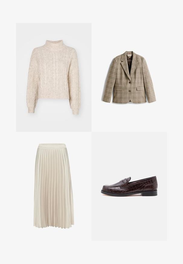 Rutete blazer i beige med brunt, rosa og grønt rutenettmønster. Har en krage med hakk, knappelukning og frontlommer.; Cremefarvet cropped sweater med høj hals, der har et tekstureret kabelstrikket mønster og lange, let puffede ærmer.; Plisseret midi-nederdel i lys beige, lavet af et glat, blødt stof. Har en tætsiddende talje og et svævende design.; Mørkebrun læderloafer med krokodillestruktur, lav hæl og slip-on-stil, set fra siden mod en ensfarvet baggrund.