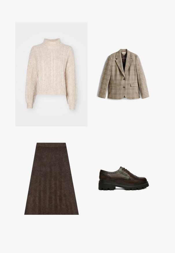 Geruit beige colbert met een bruin, roze en groen ruitpatroon. Heeft een reverskraag, knoopsluiting en voorzakken.; Crème-kleurige cropped trui met een hoge nek, met een getextureerd kabelbreipatroon en lange, iets pofmouwen.; Bruine gebreide rok met een flairdesign, elastische tailleband en subtiele textuur overal. De stof lijkt zacht en warm.; Donkerbruine leren brogue schoen met geperforeerde details en dikke zwarte profielzool, zijkant gezien op een witte achtergrond.