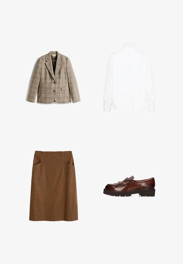 Geruit beige colbert met een bruin, roze en groen ruitpatroon. Heeft een reverskraag, knoopsluiting en voorzakken.; Witte blouse met lange mouwen, voorzien van een kanten hoge kraag en manchetten, met een verticale kanten bies langs de achterkant in het midden.; Bruine katoen rok met een aansluitende taille, twee zijzakken en een rechte snit. De stof heeft een zachte textuur en een subtiele glans.; Bruine leren loafers met een franjesdetail en een stevige, textuurvolle zool. Heeft een gladde afwerking en reliëfbranding aan de zijkant.