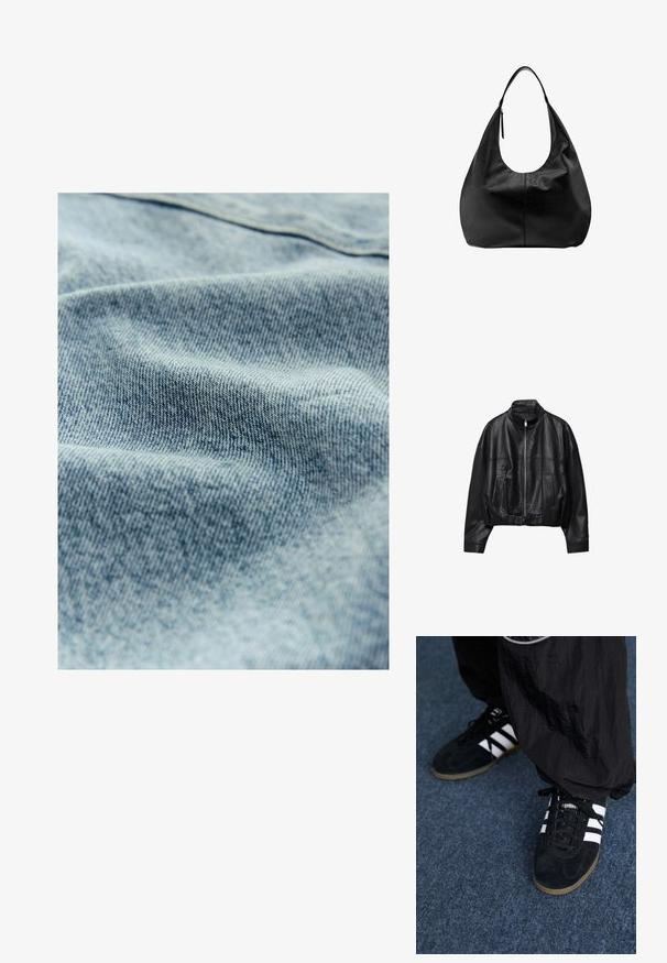 Veste en cuir noire avec fermeture éclair à l'avant, col montant, deux poches latérales, manches longues et sangle à boucle réglable à l'ourlet.; Tissu en denim bleu clair avec une texture subtile et un motif de tissage visible, montrant de légères variations de couleur et de douceur.; Des chaussures de sport en suède noir avec trois rayures blanches et des lacets noirs. Un pantalon noir texturé est partiellement visible à côté des chaussures.; Sac à main hobo décontracté en cuir noir avec une seule bandoulière large et un détail de tirette de fermeture éclair sur fond blanc uni.