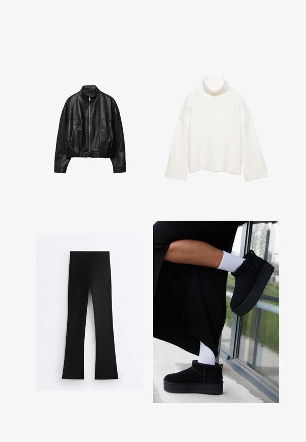 Sort læderjakke med frontlynlås, stående krave, to sidelommer, lange ærmer og justerbar spænde strop ved kanten.; Hvid rullekrave sweater lavet af blødt stof, med en afslappet pasform, sænkede skuldre og brede ribstrikkede manchetter og kant.; Sorte leggings med høj talje og bred taljebånd, med lige ben, vist fladt på hvid baggrund.; Sorte suede ankelstøvler med flad sål, med en bageste træksløjfe, båret med hvide ankelstrømper mod en minimalistisk baggrund.
