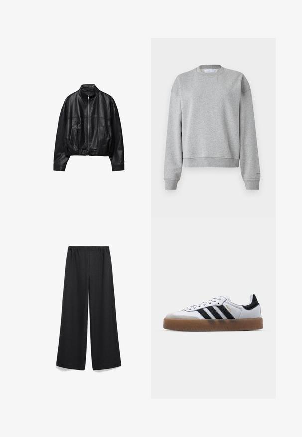 Schwarze Lederjacke mit Frontreißverschluss, Stehkragen, zwei Seitentaschen, langen Ärmeln und verstellbarem Schnallenriemen am Saum.; Grauer Sweatshirt mit rundem Halsausschnitt, langen Ärmeln und einem leicht verkürzten Design. Aus weichem Stoff mit gerippten Bündchen und Saum.; Weiter Schnitt, schwarze Hose mit elastischem Bund. Hergestellt aus leichtem Stoff, mit glatter Textur und ohne sichtbare Muster oder Akzente.; Weiße Leder Sneakers mit schwarzen Streifen, Gummigummi-Außensohle, runder Zehenform, Schnürverschluss und weichem grauem Wildleder-Zehenkappe.