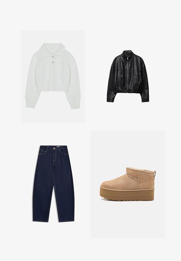 Sort læderjakke med frontlynlås, stående krave, to sidelommer, lange ærmer og justerbar spænde strop ved kanten.; Hvid cropped sweater med ribbet tekstur, stor krave og tre dekorative knapper ved halsudskæringen. Lange ærmer med ribbede manchetter.; Mørkeblå denimjeans med løs pasform, fem lommer, knaplukning og kontrasterende gule syninger langs sømmene.; Beige ruskinds ankelstøvler med et blødt indre, der har en platformssål og en strop bagpå for nem påtagning. Tekstureret gummisål.