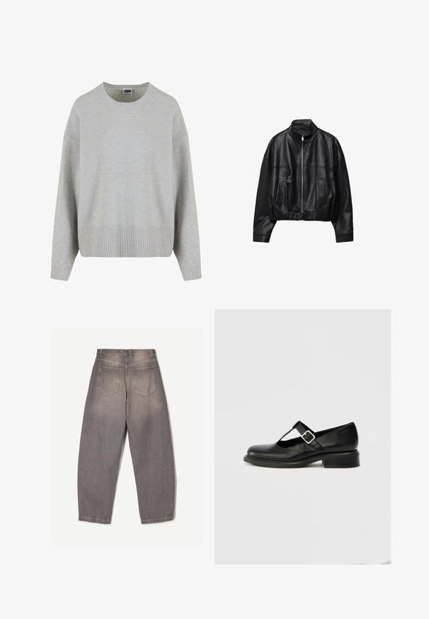 Veste en cuir noire avec fermeture éclair à l'avant, col montant, deux poches latérales, manches longues et sangle à boucle réglable à l'ourlet.; Pull en maille gris clair avec un col rond, des épaules tombantes et un ourlet côtelé. Texture douce et coupe décontractée.; Jean en denim gris vu de dos avec deux poches arrière, passants de ceinture et une coupe légèrement fuselée.; Chaussure Mary Jane en cuir noir avec un bout rond, un design à bride en T, une boucle réglable et un petit talon empilé. Texture lisse avec peu de détails.