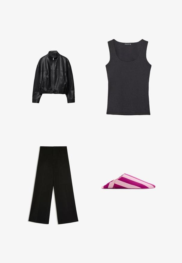 Veste en cuir noire avec fermeture éclair à l'avant, col montant, deux poches latérales, manches longues et sangle à boucle réglable à l'ourlet.; Débardeur côtelé noir sans manches avec encolure dégagée, ourlet droit et silhouette ajustée.; Pantalon noir à jambes larges avec passants de ceinture, fermeture devant par bouton et zip, posé à plat sur fond blanc.; Chausson mule plat avec des larges rayures diagonales alternées rose et violet, bout pointu et dos ouvert.