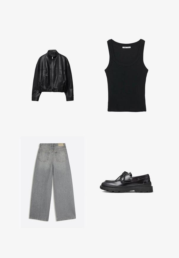 Sort læderjakke med frontlynlås, stående krave, to sidelommer, lange ærmer og justerbar spænde strop ved kanten.; Sort ribbet ærmeløs tanktop med rund halsudskæring og lige kant, etiket på indersiden bag på nakken.; Grå vidbenede denimjeans der viser bagsiden med to lommer og bæltestropper lagt fladt på hvid baggrund.; Sorte læder bådsko med rund tå, snørebåndsdesign, syninger og en kraftig gummisål med et tekstureret grebmønster.